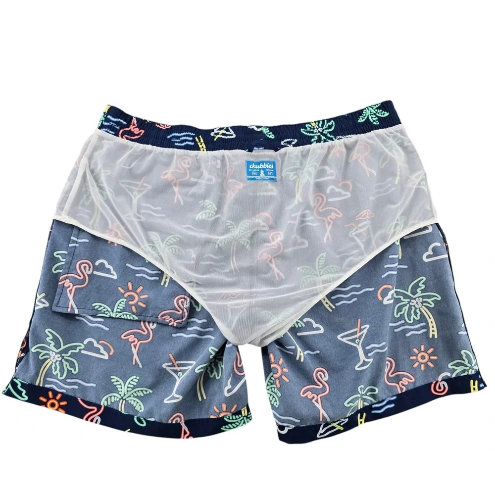 Chubbies Mens Swim Trunks XXL Navy Blue Neon Flamingo Palm Tree 5.5 Inseam Mesh